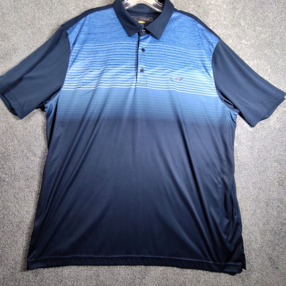 Greg Norman Mens Play Dry Pique Polo Shirt 2XL Navy Blue Striped Logo Golf